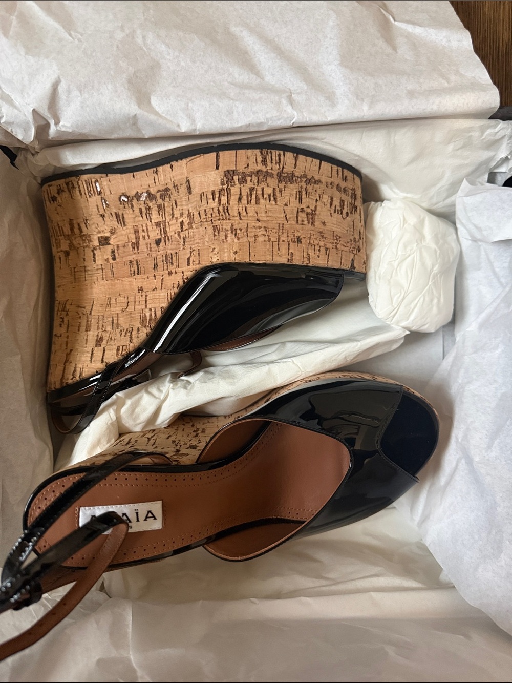 Alaïa Black Patent Cork Platform Wedge Sandals